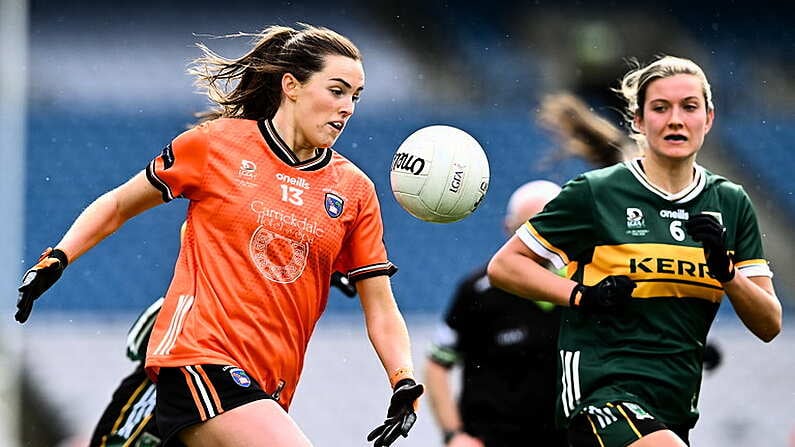 7 April 2024; Aimee Mackin of Armagh in action against Ciara Murphy of Kerry during the Lidl LGFA National League Division 1 final match between Armagh and Kerry at Croke Park in Dublin. Photo by Piaras O Midheach/Sportsfile