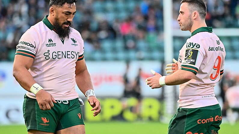 7 April 2024; Bundee Aki, left, and Caolin Blade of Connacht during the Challenge Cup Round of 16 match between Section Paloise and Connacht at Stade du Hameau in Pau, France. Photo by Loic Cousin/Sportsfile