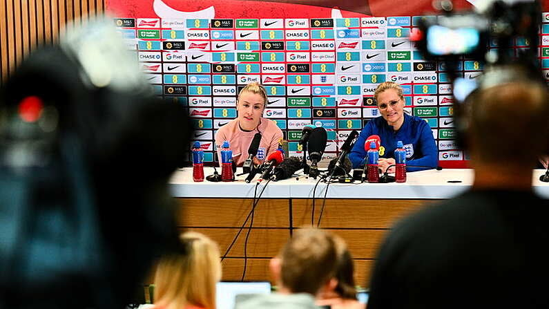 8 April 2024; Manager Sarina Wiegman and captain Leah Williamson during an England Women's media conference at the Aviva Stadium in Dublin. Photo by Tyler Miller/Sportsfile