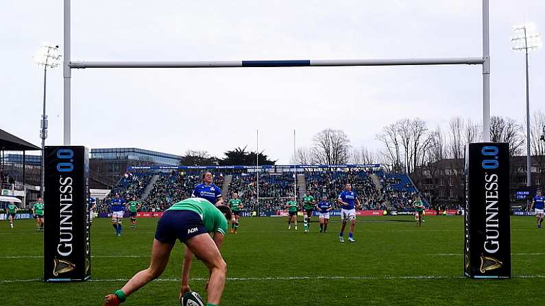 31 March 2024; Katie Corrigan of Ireland scores her side's third try during the Women's Six Nations Rugby Championship match between Ireland and Italy at the RDS Arena in Dublin. Photo by Harry Murphy/Sportsfile