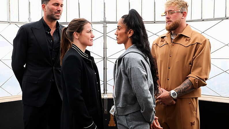 26 April 2022; Promoters Eddie Hearn, left, and Jake Paul with boxers Katie Taylor, left, and Amanda Serrano at the Empire State Building in New York ahead of their WBA, WBC, IBF, WBO and The Ring lightweight title bout at Madison Square Garden in New York, USA on Saturday night. Photo by Ed Mulholland/ Matchroom Boxing via Sportsfile