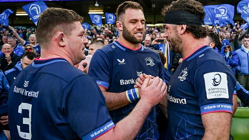 Leinster v Lions 13 April 2024; Leinster players, from left, Tadhg Furlong, Jason Jenkins nd Caelan Doris after their side's victory in the Investec Champions Cup quarter-final match between Leinster and La Rochelle at the Aviva Stadium in Dublin. Photo by Harry Murphy/Sportsfile