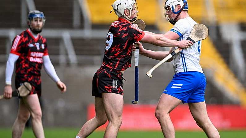 25 February 2024; Tommy O'Connell of Cork and Paddy Leavey of Waterford tussle during the Allianz Hurling League Division 1 Group A match between Cork and Waterford at SuperValu Pairc Ui Chaoimh in Cork. Photo by Piaras O Midheach/Sportsfile