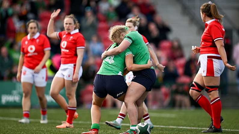 13 April 2024; Katie Corrigan of Ireland, celebrates with teammate Neve Jones, right, after scoring their side's fourth try during the Women's Six Nations Rugby Championship match between Ireland and Wales at Virgin Media Park in Cork. Photo by Brendan Moran/Sportsfile