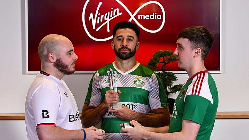 5 December 2023; Virgin Media has been announced as the title partner of the Football Association of Irelands Esports programme, including the ELOI which will now be titled the Virgin Media ELOI. Pictured during the announcement at Macken House in Dublin are, from left, E Republic of Ireland player Eric Finn, Roberto Lopes of Shamrock Rovers and E Republic of Ireland player Ciaran Walsh. Photo by Brendan Moran/Sportsfile