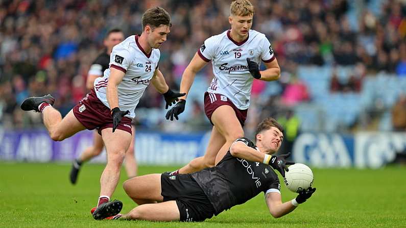 7 May 2023; Patrick O Connor of Sligo in action against Cathal Sweeney, left, and Cian Hernon of Galway during the Connacht GAA Football Senior Championship Final match between Sligo and Galway at Hastings Insurance MacHale Park in Castlebar, Mayo. Photo by Ray McManus/Sportsfile