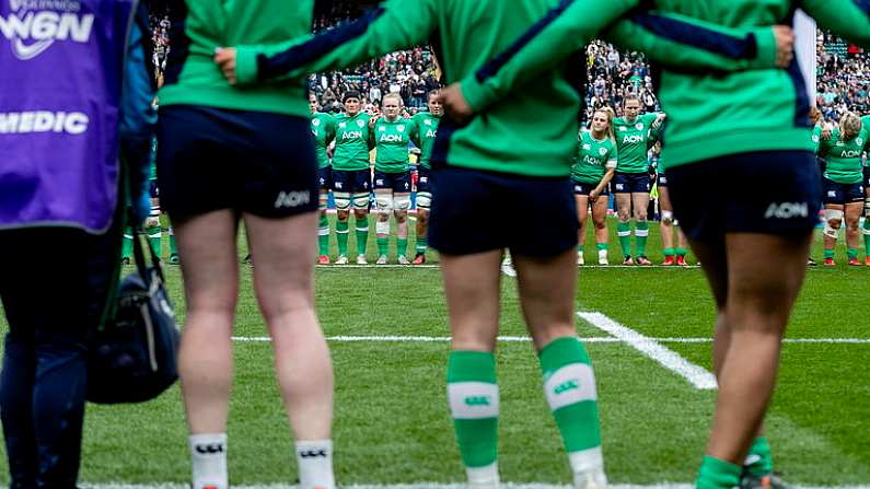 20 April 2024; Ireland players sing the national anthem prior to the Women's Six Nations Rugby Championship match between England and Ireland at Twickenham Stadium in London, England. Photo by Juan Gasparini/Sportsfile