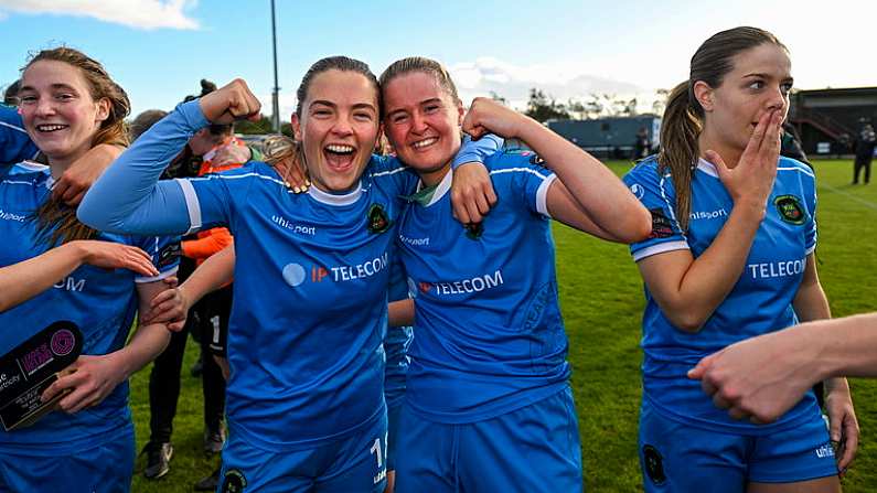 14 October 2023; Peamount United players, from left, Ellen Dolan, Avril Brierley, Erin McLaughlin and Rebecca Watkins celebrate after claiming the title after victory in the SSE Airtricity Women's Premier Division match between Wexford Youths and Peamount United at Ferrycarrig Park in Wexford. Photo by Piaras O Midheach/Sportsfile