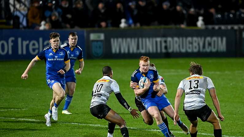 24 March 2023; Ciaran Frawley of Leinster is tackled during the United Rugby Championship match between Leinster and DHL Stormers at the RDS Arena in Dublin. Photo by Stephen McCarthy/Sportsfile