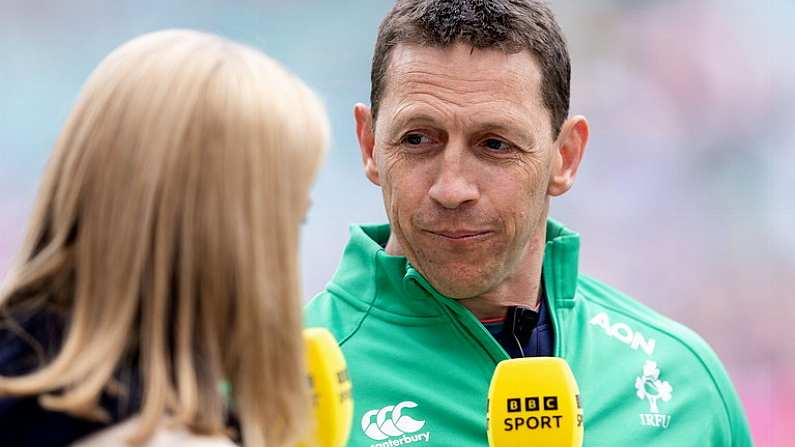 20 April 2024; Ireland head coach Scott Bemand is interviewed after the Women's Six Nations Rugby Championship match between England and Ireland at Twickenham Stadium in London, England. Photo by Juan Gasparini/Sportsfile