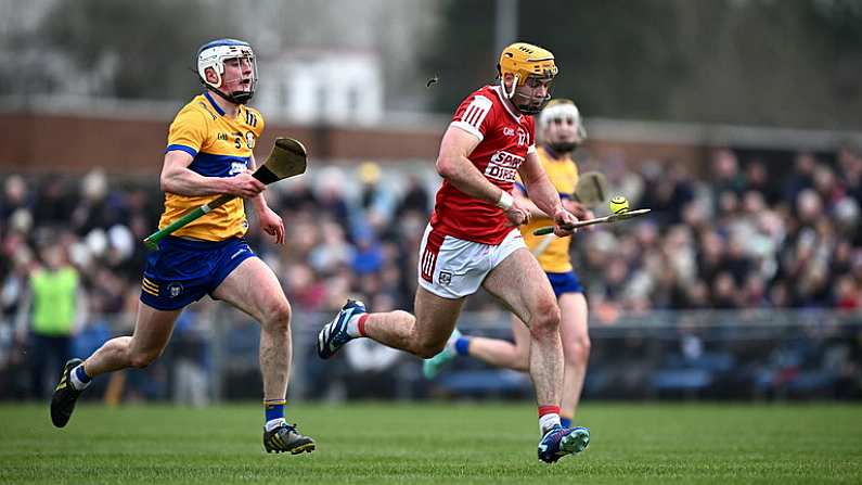 4 February 2024; Sean Twomey of Cork in action against Diarmuid Ryan of Clare during the Allianz Hurling League Division 1 Group A match between Clare and Cork at Cusack Park in Ennis, Clare. Photo by Ray McManus/Sportsfile