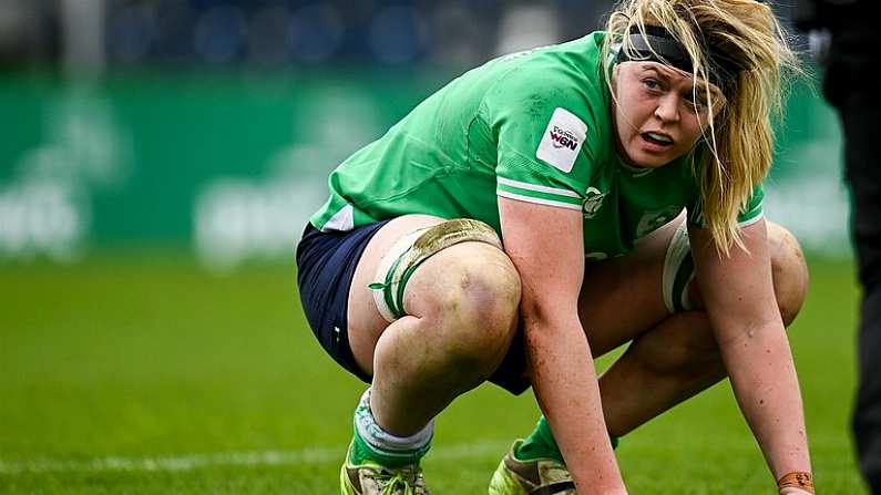 31 March 2024; Sam Monaghan of Ireland after her side's defeat in during the Women's Six Nations Rugby Championship match between Ireland and Italy at the RDS Arena in Dublin. Photo by Harry Murphy/Sportsfile