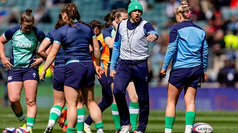 20 April 2024; Ireland head coach Scott Bemand gives instructions prior to the Women's Six Nations Rugby Championship match between England and Ireland at Twickenham Stadium in London, England. Photo by Juan Gasparini/Sportsfile