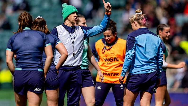 20 April 2024; Ireland head coach Scott Bemand gives instructions prior to the Women's Six Nations Rugby Championship match between England and Ireland at Twickenham Stadium in London, England. Photo by Juan Gasparini/Sportsfile