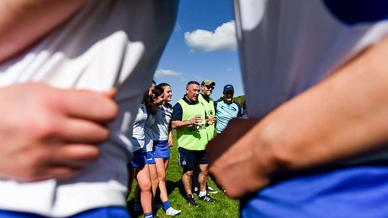 21 April 2024; Waterford strength and conditioning coach Jimmy Payne speaks to the Waterford players after the Electric Ireland All-Ireland Camogie Minor A semi-final match between Cork and Waterford at Kilcommon in Tipperary. Photo by Tom Beary/Sportsfile