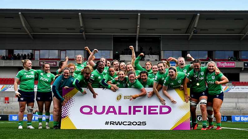 27 April 2024; Ireland players celebrate after qualifying for the Women's Rugby World Cup 2025 after the Women's Six Nations Rugby Championship match between Ireland and Scotland at the Kingspan Stadium in Belfast. Photo by Ben McShane/Sportsfile