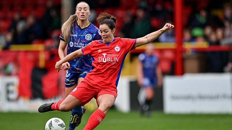 4 November 2023; Noelle Murray of Shelbourne has a shot on goal during the SSE Airtricity Women's Premier Division match between Shelbourne and Bohemians at Tolka Park in Dublin. Photo by Stephen Marken/Sportsfile