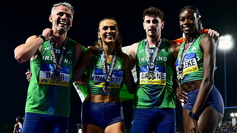 5 May 2024; The Ireland mixed 4x400m relay team, from left, Thomas Barr, Sharlene Mawdsley, Cillin Greene and Rhasidat Adeleke with their bronze medals during two of the World Athletics Relays at Thomas A Robinson National Stadium in Nassau, Bahamas. Photo by Erik van Leeuwen/Sportsfile