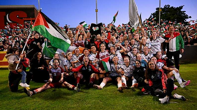 15 May 2024; Palestine and Bohemians players after the international solidarity match between Bohemians and Palestine at Dalymount Park in Dublin. Photo by Stephen McCarthy/Sportsfile