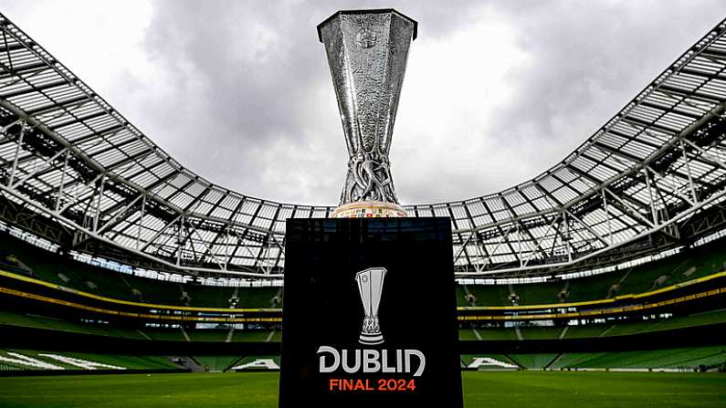 16 April 2024; The UEFA Europa League trophy at the Aviva Stadium ahead of the 2023/24 UEFA Europa League Final which will take place on Wednesday, May 22 in Dublin. Photo by Stephen McCarthy/Sportsfile