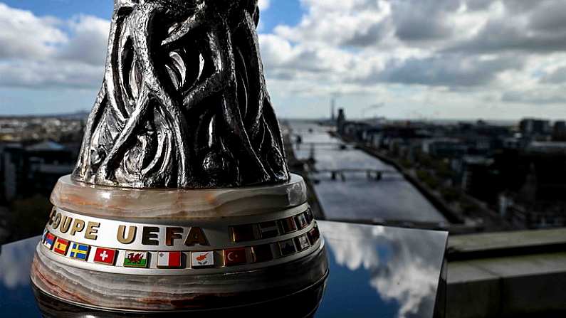 16 April 2024; The UEFA Europa League trophy at the Aviva Stadium ahead of the 2023/24 UEFA Europa League Final which will take place on Wednesday, May 22 in Dublin. Photo by Stephen McCarthy/Sportsfile