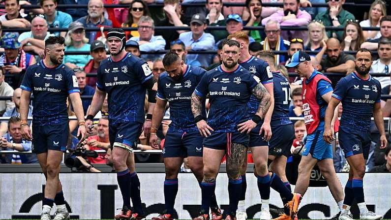 25 May 2024; Leinster players after conceding a penalty during the Investec Champions Cup final between Leinster and Toulouse at the Tottenham Hotspur Stadium in London, England. Photo by Sam Barnes/Sportsfile