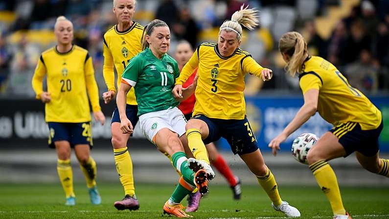 12 April 2022; Katie McCabe of Republic of Ireland has a shot on goal despite the tackle of Linda Sembrant of Sweden during the FIFA Women's World Cup 2023 qualifying match between Sweden and Republic of Ireland at Gamla Ullevi in Gothenburg, Sweden. Photo by Stephen McCarthy/Sportsfile