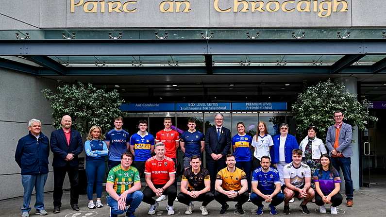 27 May 2024; Top row, from left, Daingean Ui Chuis club representative, Donall O Loinsigh, Ceannasai Spoirt TG4, Ronan O Coisdealbha, Meabh Cusack of Na Gaeil Oga, Micheal Conroy of Na Gaeil Oga, Rian Mac Seain of Cill Chartha, Seamus O Domhnaill of Beal an Mhuirthead, Uachtaran Chumann Luthchleas Gael Jarlath Burns, Maria Reilly of Kiltane, Adhna Nic Dhonncha of Micheal Breathnach, Cill na Martra club representative Siobhan Ni Chuana, Cathaoirleach Choiste na Gaeilge CLG Aine Ui Choinn, Ceannasai Raidio na Gaeltachta Gearoid Mac Donncha, bottom row, from left, Fergal O Griofa of Lios Poil, Ciaran O Murchu of An Seanphobal, Evan O Flatharta of Naomh Anna Leitir Moir, Micheal O Coirbin of Carna Caiseal, Amhlaoibh O Loingsigh of Naomh Aban, Saran O Fionnagain of Wolfetones and Lauren Nic Aoidh of Wolfetones are pictured during the GAA's Comortas Peile na Gaeltachta press event at Croke Park in Dublin. Select attendees at the event included Uachtaran CLG, Jarlath Bu