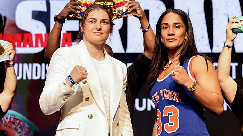 13 May 2024; Katie Taylor, left, and Amanda Serrano during a pre-fight press conference held at the Apollo Theatre in New York, USA, in advance of Jake Paul and Mike Tyson's heavyweight bout and the rematch between Katie Taylor and Amanda Serrano for the undisputed super lightweight championship titles on July 20 at AT&T Stadium in Arlington, Texas. Photo by Ed Mulholland / Sportsfile