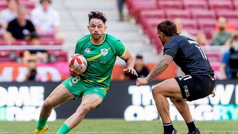 1 June 2024; Hugo Keenan of Ireland in action during the HSBC Men's SVNS 2024 Grand Finals Pool B match between Ireland and New Zealand at Civitas Metropolitano Stadium in Madrid, Spain. Photo by Juan Gasparini/Sportsfile