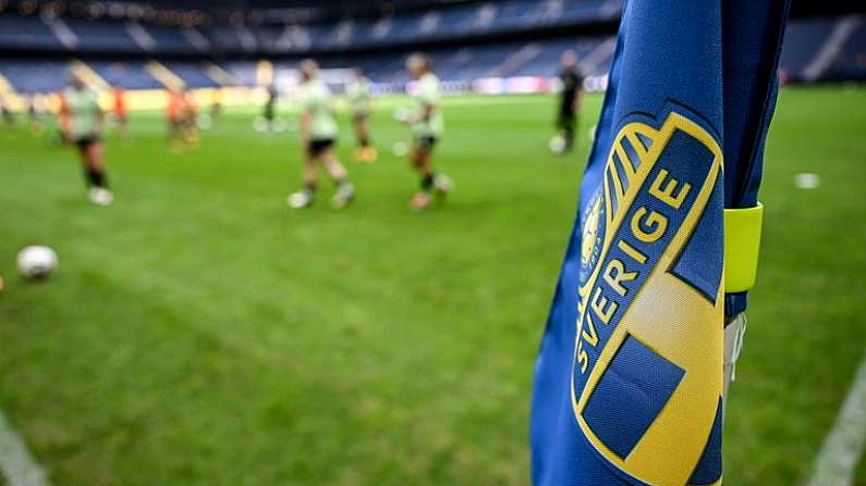 3 June 2024; A detailed view of a Sweden branded corner flag during a Republic of Ireland women's training session at Friends Arena in Stockholm, Sweden. Photo by Stephen McCarthy/Sportsfile