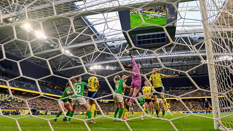 4 June 2024; Republic of Ireland goalkeeper Courtney Brosnan contests a cross with Magdalena Eriksson of Sweden during the 2025 UEFA Women's European Championship qualifying match between Sweden and Republic of Ireland at Friends Arena in Stockholm, Sweden. Photo by Stephen McCarthy/Sportsfile