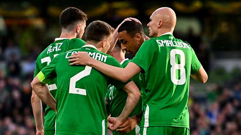 4 June 2024; Adam Idah of Republic of Ireland, second right, celebrates with teammates including Seamus Coleman and Will Smallbone after scoring his side's first goal during the international friendly match between Republic of Ireland and Hungary at Aviva Stadium in Dublin. Photo by Ben McShane/Sportsfile