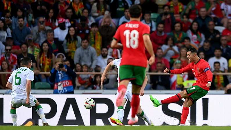 11 June 2024; Cristiano Ronaldo of Portugal scores his side's second goal during the international friendly match between Portugal and Republic of Ireland at Estadio Municipal de Aveiro in Aveiro, Portugal. Photo by Stephen McCarthy/Sportsfile