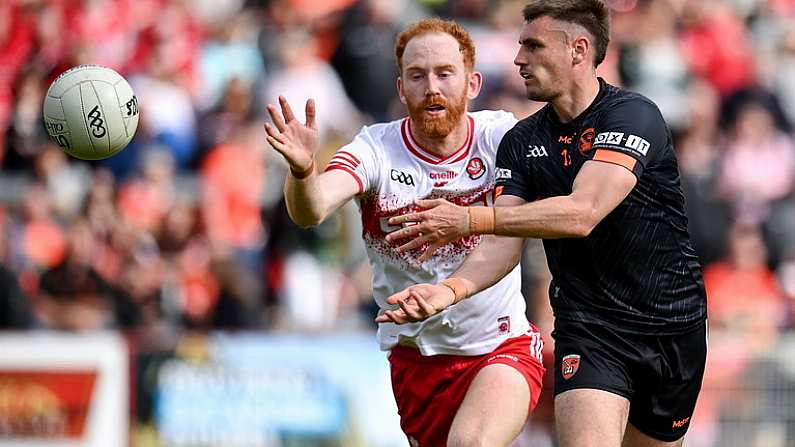 2 June 2024; Greg McCabe of Armagh in action against Conor Glass of Derry during the GAA Football All-Ireland Senior Championship Round 2 match between Derry and Armagh at Celtic Park in Derry. Photo by Seb Daly/Sportsfile