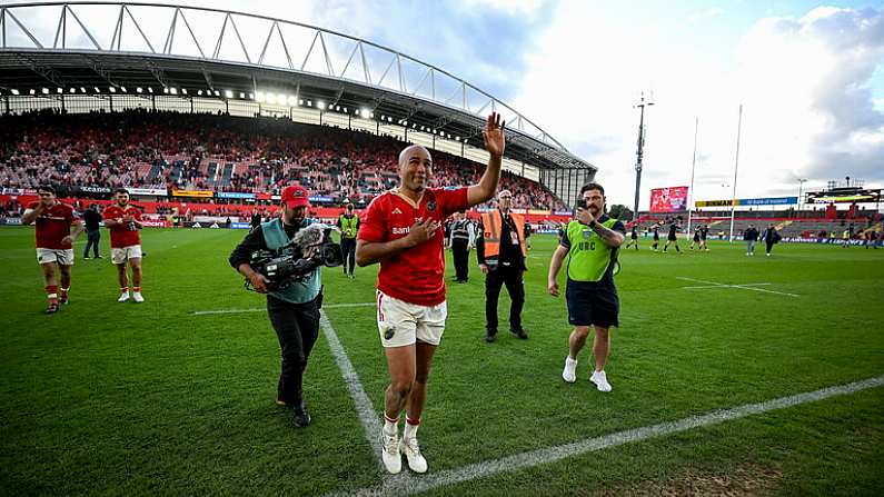 15 June 2024; Simon Zebo of Munster waves to supporters as he leaves the pitch for the last time before retirement after the United Rugby Championship semi-final match between Munster and Glasgow Warriors at Thomond Park in Limerick. Photo by Brendan Moran/Sportsfile