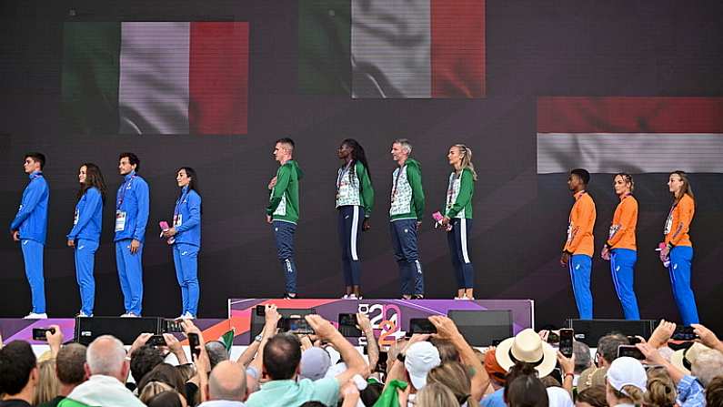 8 June 2024; The Ireland 4x400m mixed relay team, from left, Chris O'Donnell, Rhasidat Adeleke, Thomas Barr and Sharlene Mawdsley stand with their gold medals alongside the silver medalist Italian team and the bronze medallist Netherlands team during day two of the 2024 European Athletics Championships at the Stadio Olimpico in Rome, Italy. Photo by Sam Barnes/Sportsfile