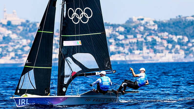 29 July 2024; Sean Waddilove and Robert Dickson of Team Ireland in action during the men's skiff races at Marseille Marina during the 2024 Paris Summer Olympic Games in Paris, France. Photo by Johnny Fidelin/Sportsfile