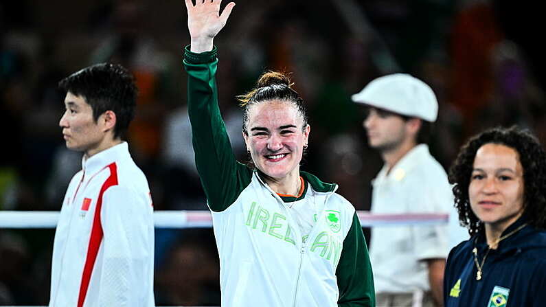 6 August 2024; Kellie Harrington of Team Ireland celebrates after defeating Wenlu Yang of Team People's Republic of China in their women's 60kg final bout at Court Philippe-Chatrier in Roland Garros Stadium during the 2024 Paris Summer Olympic Games in Paris, France. Photo by Stephen McCarthy/Sportsfile