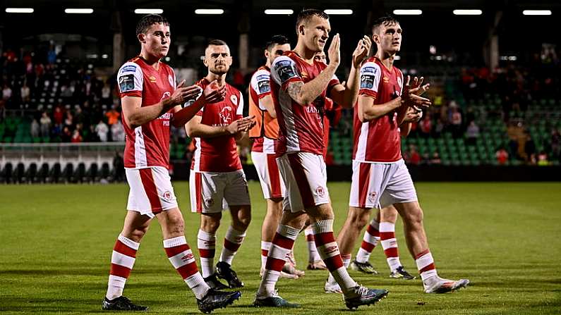 8 August 2024; St Patrick's Athletic players, from left, Kian Leavy, Aaron Bolger, Jamie Lennon, and Mason Melia after their side's victory in the UEFA Conference League third qualifying round first leg match between St Patrick's Athletic and Sabah at Tallaght Stadium in Dublin. Photo by Seb Daly/Sportsfile