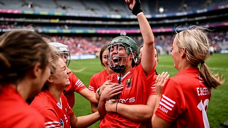 11 August 2024; Fiona Nelligan of Cork, centre, who scored the winning point, celebrates with team-mates after her side's victory in the All-Ireland Premier Intermediate Camogie Championship final between Cork and Kilkenny at Croke Park in Dublin. Photo by Piaras O Midheach/Sportsfile