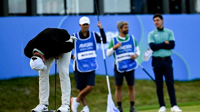 15 September 2024; Rory McIlroy of Northern Ireland reacts to a missed eagle putt on the 18th green during day four of the Amgen Irish Open Golf Championship 2024 at the Royal County Down Golf Club in Newcastle, Down. Photo by Brendan Moran/Sportsfile