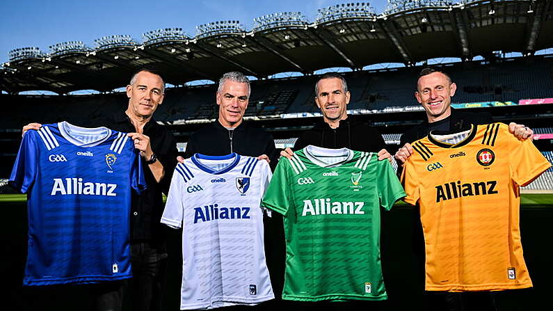 14 October 2024; In attendance are, from left, Munster representive Paul Shankey, Connacht manager Padraic Joyce, Leinster manager Dessie Dolan and Ulster manager Kieran Donnelly during the Allianz GAA Football Inter-Provincial Series Briefing at Croke Park in Dublin. Photo by David Fitzgerald/Sportsfile