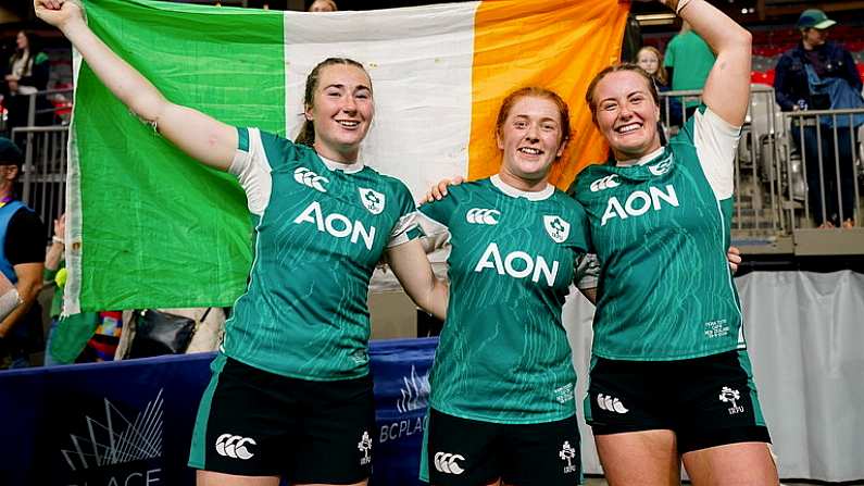 29 September 2024; Ireland players, from left, Eve Higgins, Niamh ODowd and Fiona Tuite celebrate after the WXV1 Pool match between New Zealand and Ireland at BC Place in Vancouver, British Columbia. Photo by Rich Lam / World Rugby via Sportsfile