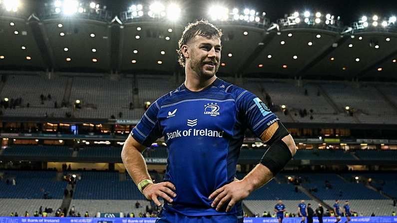 12 October 2024; Caelan Doris of Leinster after his side's victory in the United Rugby Championship match between Leinster and Munster at Croke Park in Dublin. Photo by Seb Daly/Sportsfile