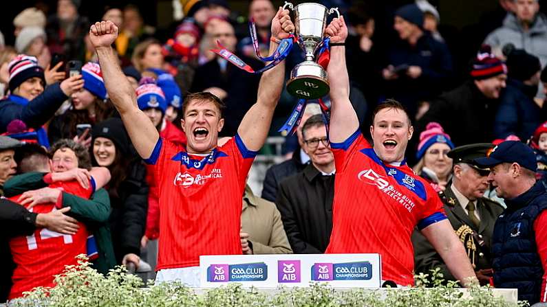 21 January 2024; Fintan Burke, left, and Bernard Burke of St Thomas' lift the Tommy Moore Cup after the AIB GAA Hurling All-Ireland Senior Club Championship Final match between OLoughlin Gaels of Kilkenny and St. Thomas of Galway at Croke Park in Dublin. Photo by Ramsey Cardy/Sportsfile