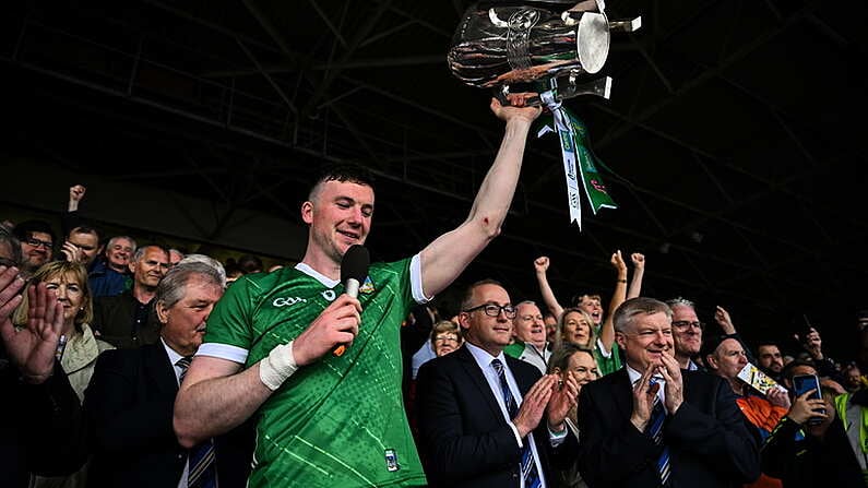 9 June 2024; Limerick captain Declan Hannon makes his speech after the Munster GAA Hurling Senior Championship final match between Clare and Limerick at FBD Semple Stadium in Thurles, Tipperary. Photo by Brendan Moran/Sportsfile