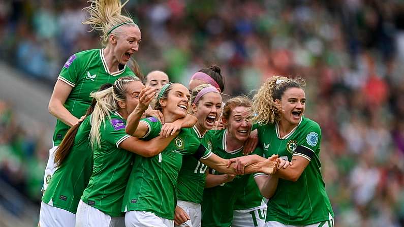 16 July 2024; Julie-Ann Russell of Republic of Ireland, fourth from left, celebrates with teammates after scoring their side's second goal during the 2025 UEFA Women's European Championship qualifying group A match between Republic of Ireland and France at Pairc Ui Chaoimh in Cork. Photo by Stephen McCarthy/Sportsfile