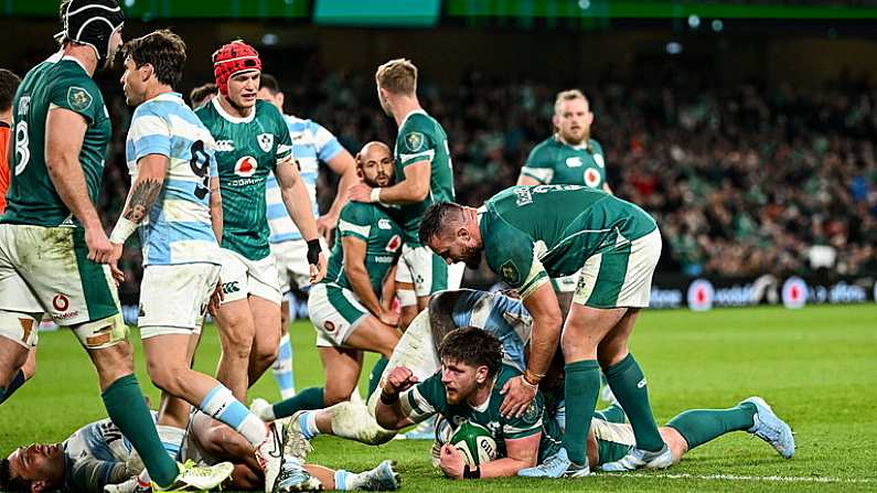 15 November 2024; Joe McCarthy of Ireland, bottom, celebrates after scoring his side's third try during the Autumn Nations Series match between Ireland and Argentina at the Aviva Stadium in Dublin. Photo by Piaras O Midheach/Sportsfile