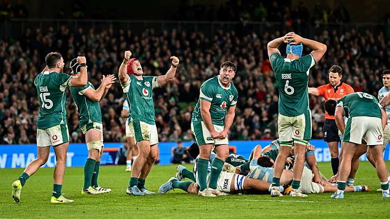 15 November 2024; Josh van der Flier of Ireland, third from left, and team-mate Thomas Clarkson, fourth from left, celebrate after their side's victory in the Autumn Nations Series match between Ireland and Argentina at the Aviva Stadium in Dublin. Photo by Piaras O Midheach/Sportsfile